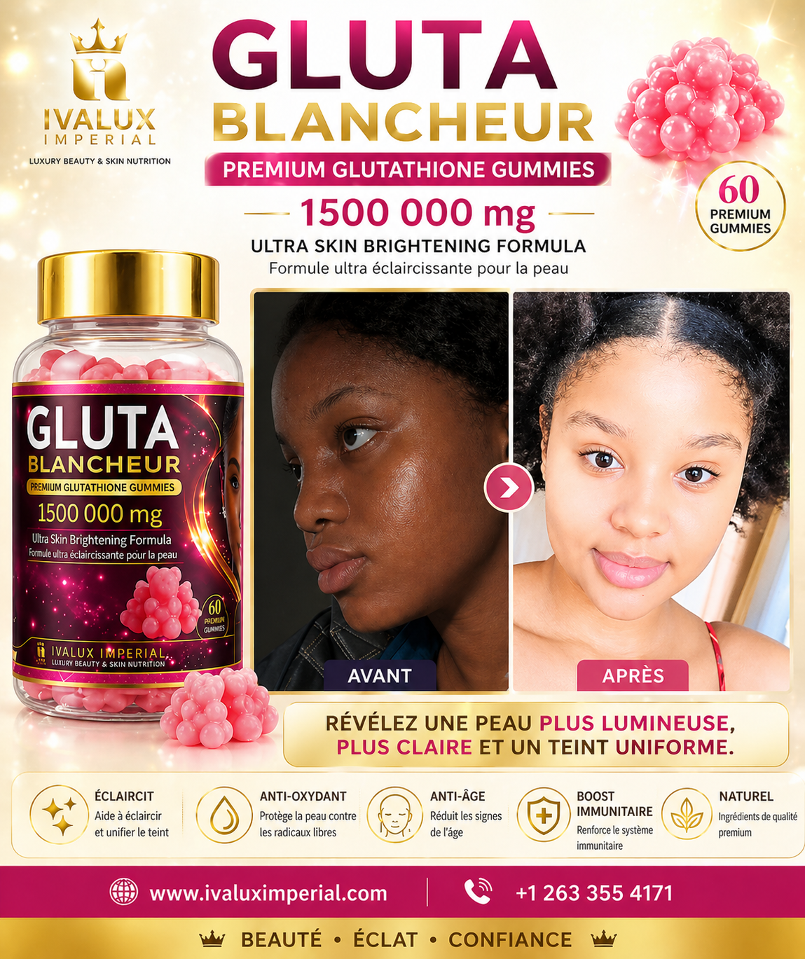 glutathion pour la peau GLUTA BLANCHEUR – Gummies Premium au Glutathion – Ivalux Imperial Canada